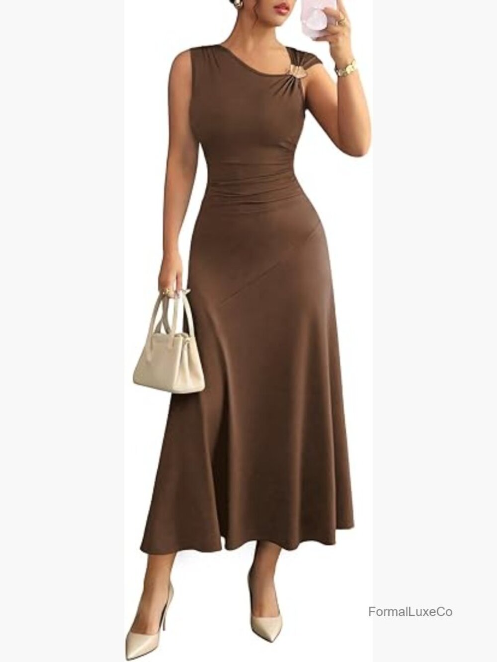 Sleeveless Bodycon Dress with Gold Shoulder Detail, Crewneck, Ruched Waist,